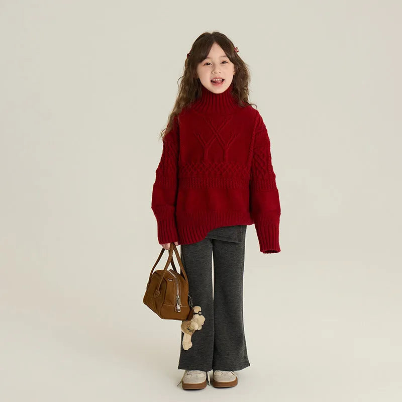 Children gray fleece-lined cotton bell-bottom trousers on child model