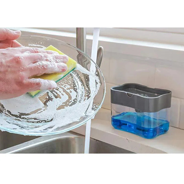 Plastic kitchen soap dispenser in choice of black, grey, pink, or silver colours on a countertop.