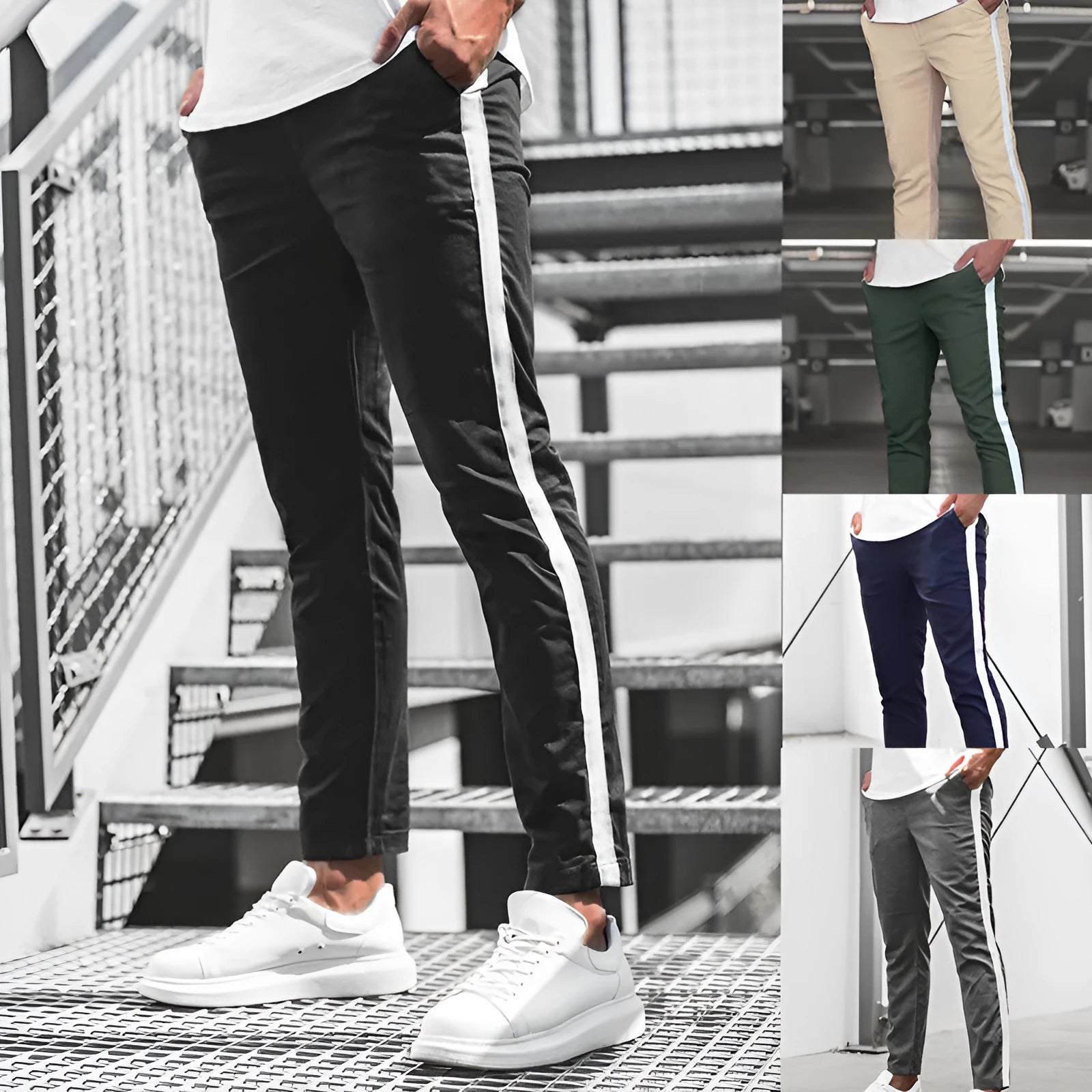 Men's slim trousers with horizontal bar detail, straight leg, in khaki colour