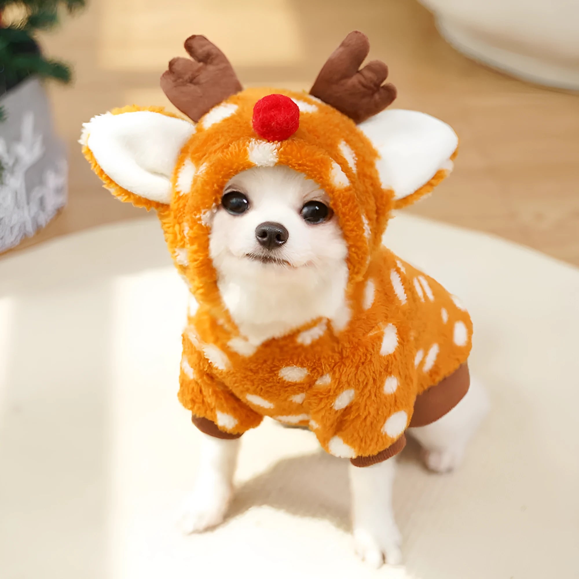 Elk costume for medium dog with fleece lining, shown in Christmas styling