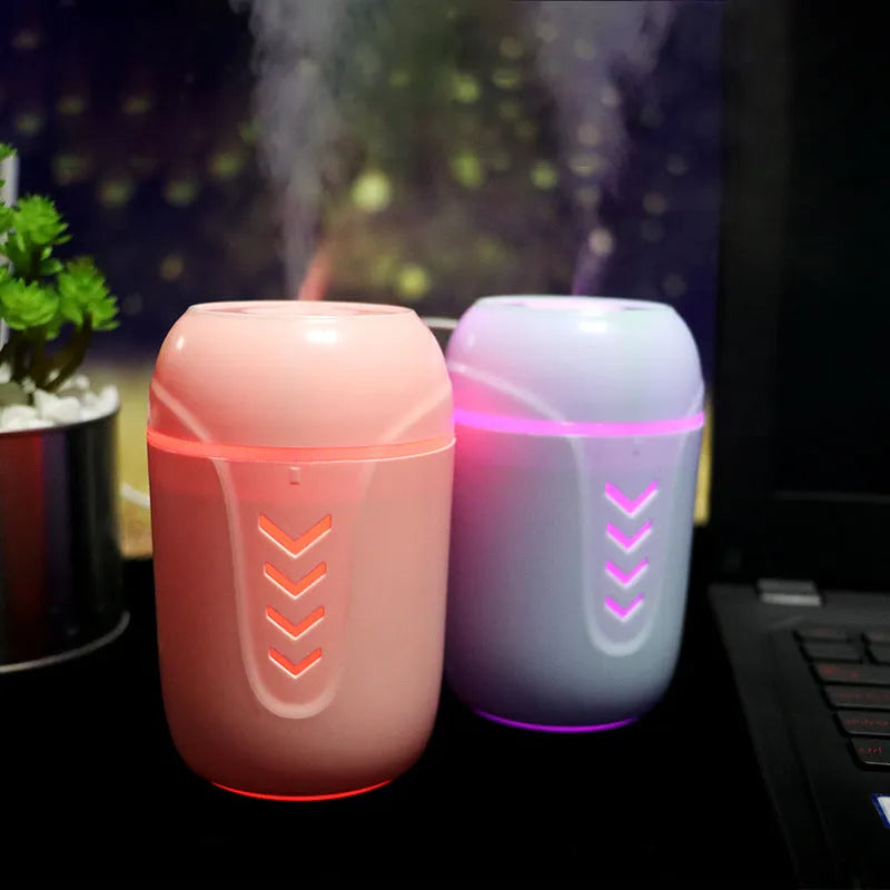 Portable car humidifier with columnar design in blue, pink, or white colour options
