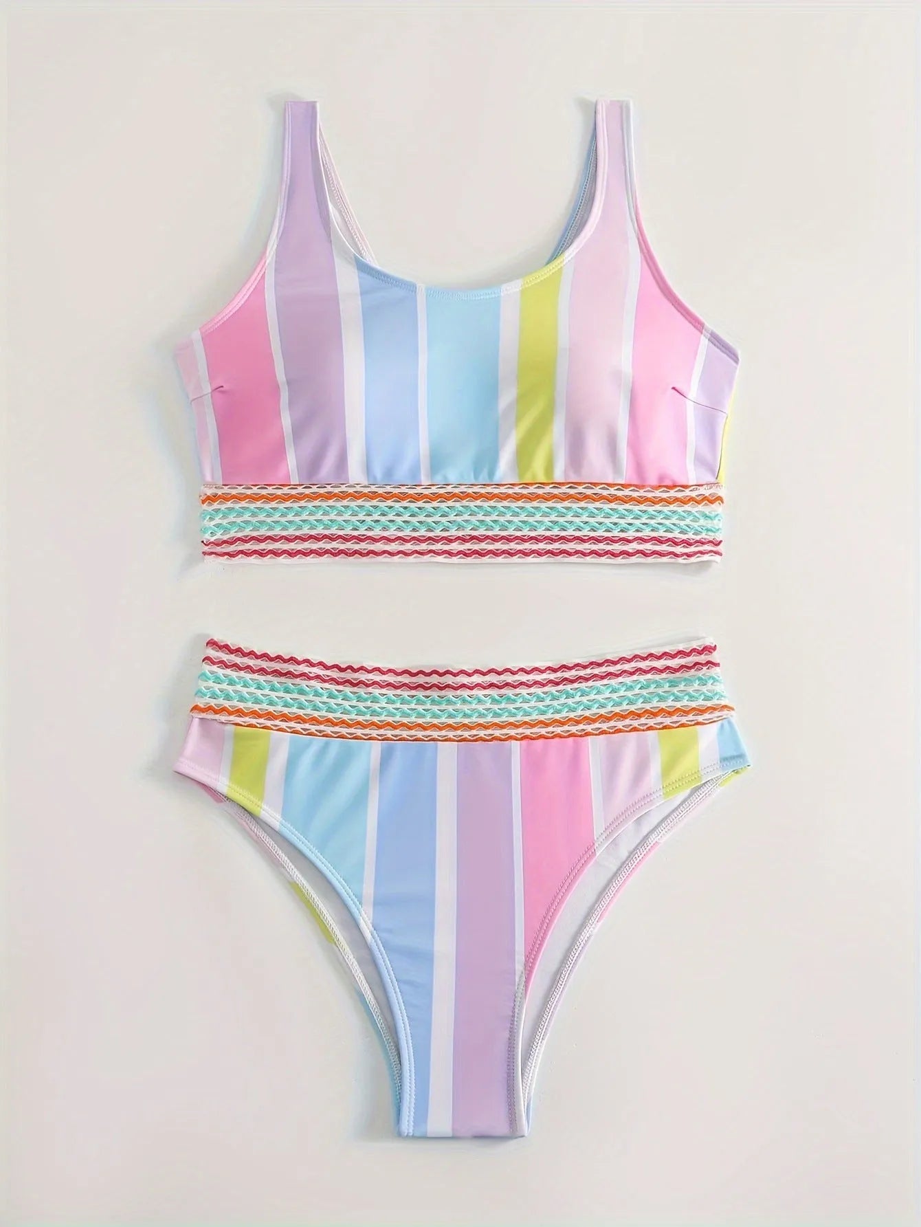 Women's striped sports bikini swimwear set in polyester fabric with spandex lining