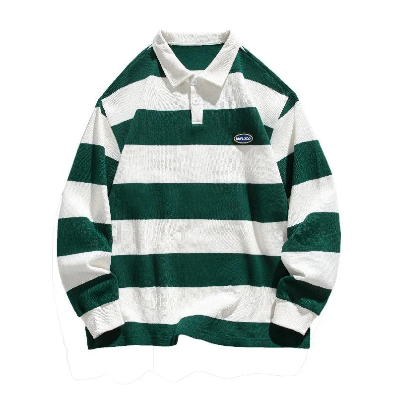 Hong Kong style striped lapel polo shirt in pearl cotton, shown in loose fit on a model.