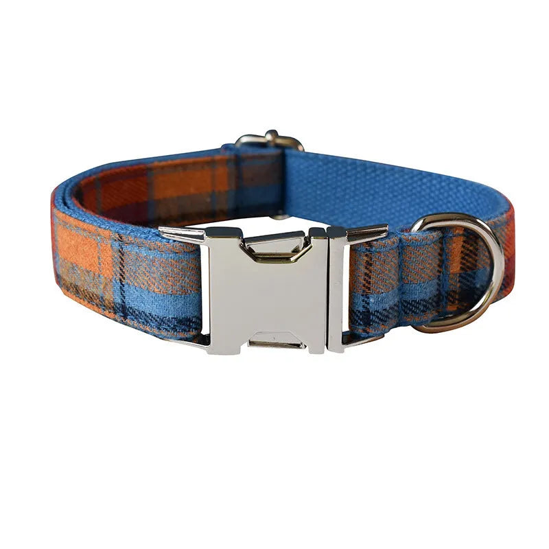 Blue velvet plaid pattern dog collar with alloy metal buckle