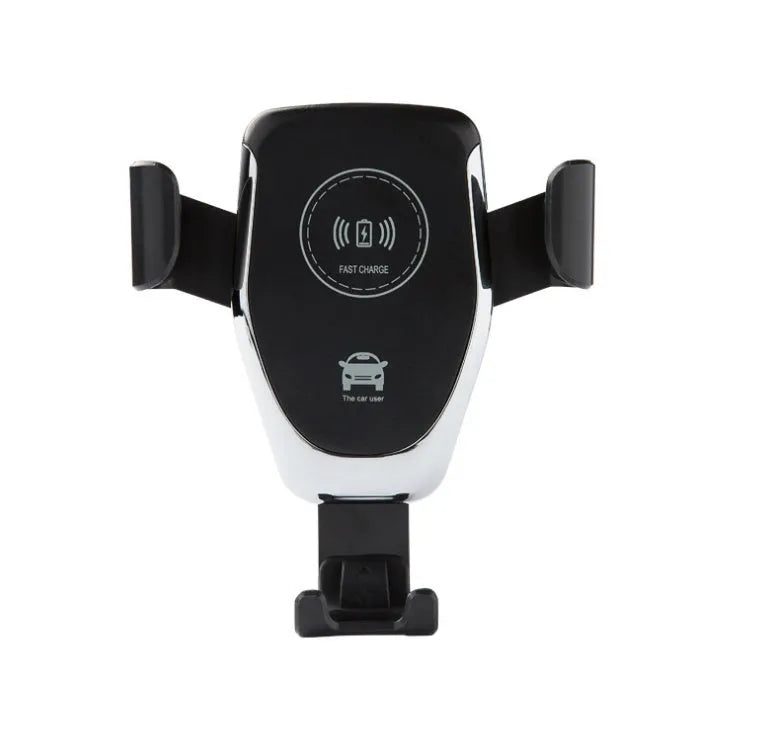 Black car wireless charger mounted on dashboard with iPhone secured in automatic clamp