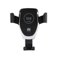 Black car wireless charger mounted on dashboard with iPhone secured in automatic clamp