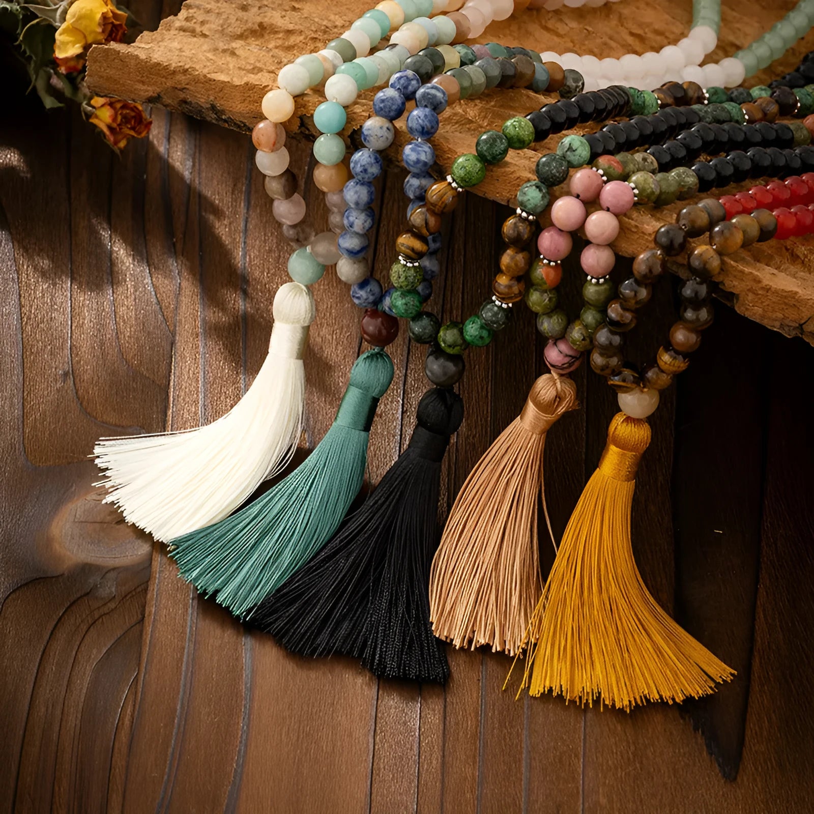 Vintage bohemian style long beaded necklace with tassel pendant and matching bracelet