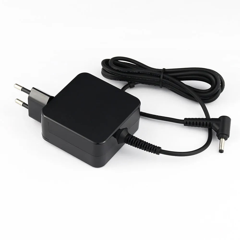 Black 45W laptop power adapter with DC connector for US and EU plugs