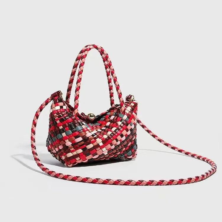 Women's woven shoulder bag in PU material with textured pattern, showing 18cm length by 11cm width by 14cm height dimensions.