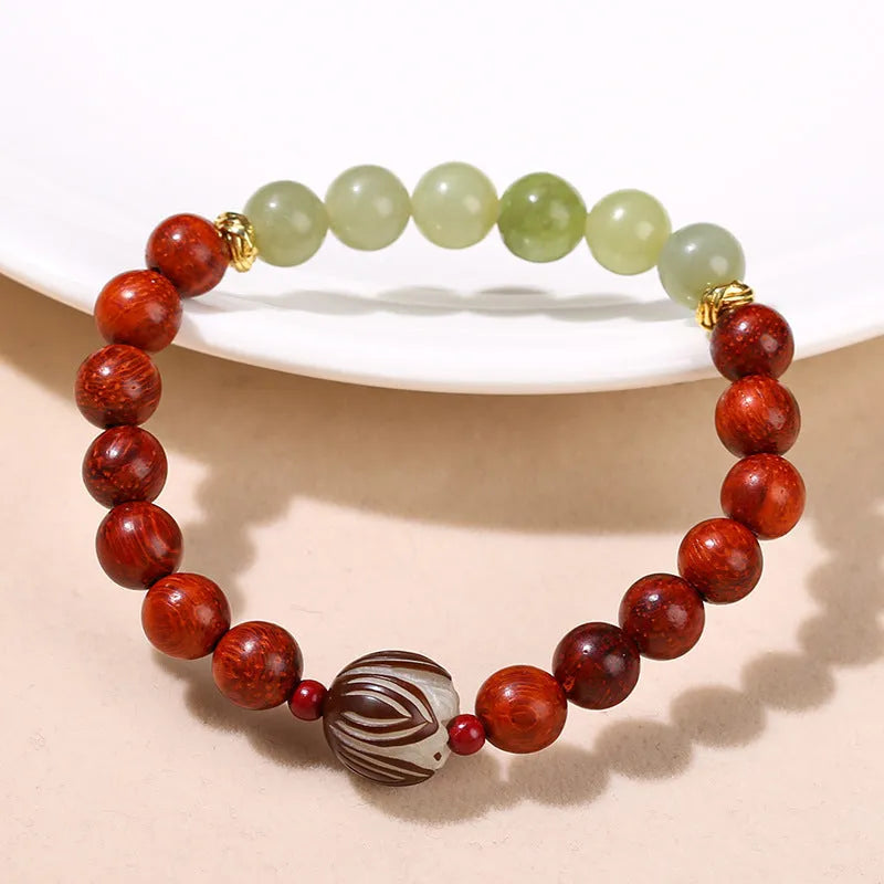 Red Rosewood and gray jade Bodhi Lotus bracelet for women with 12mm geometric beads.