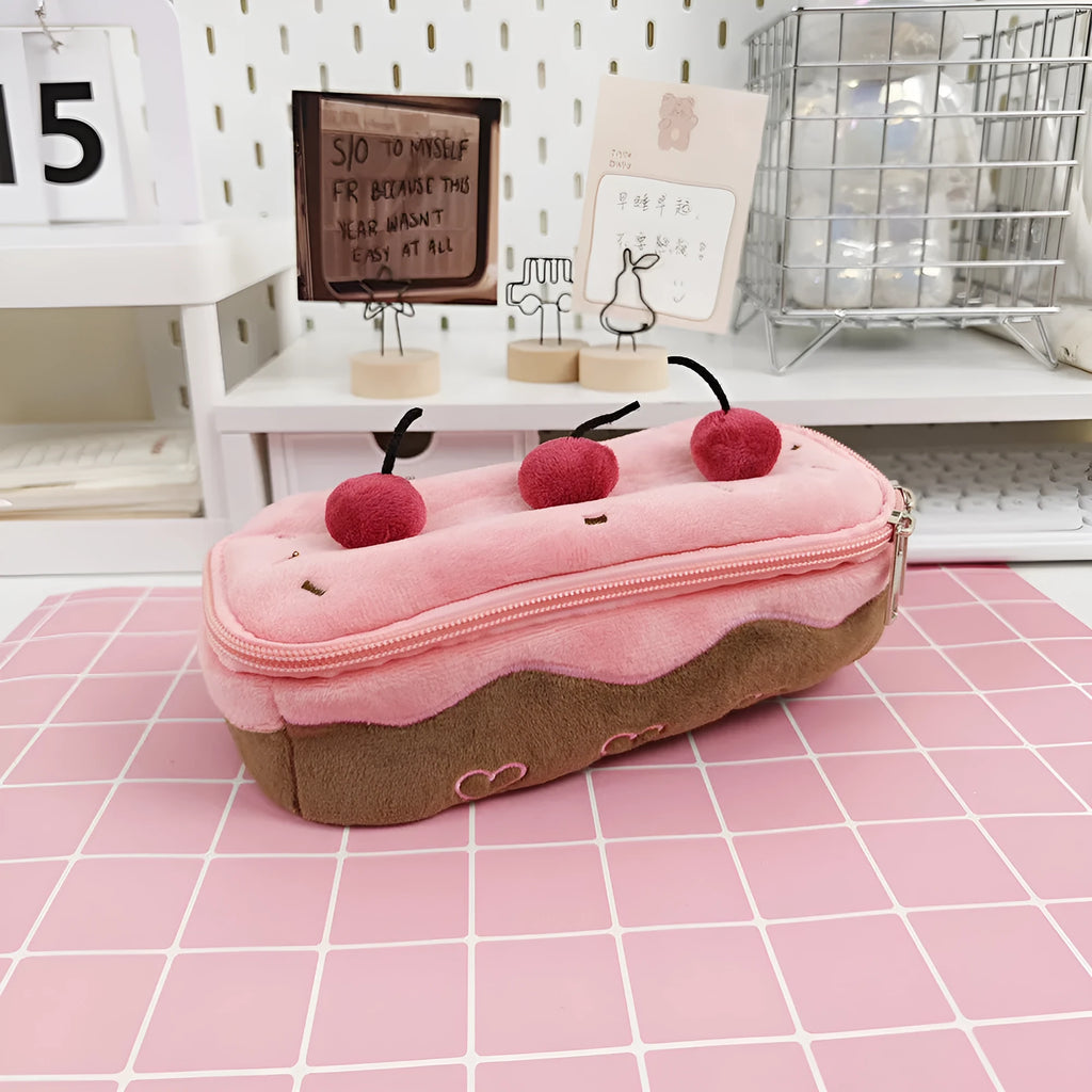 Cherry Cake design velvet pencil case in Korean style.