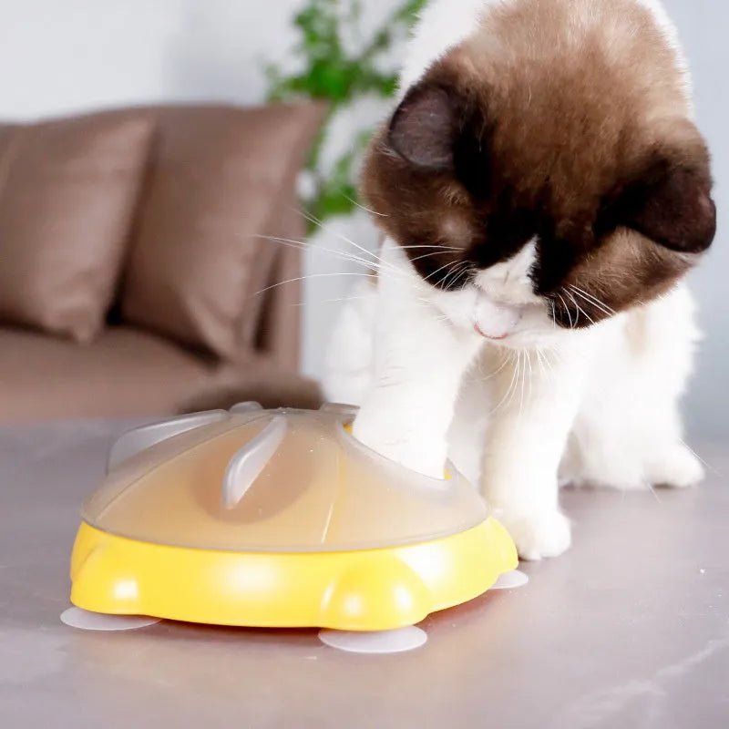 Yellow plastic cat puzzle feeder plate with four rotating balls for slow feeding.
