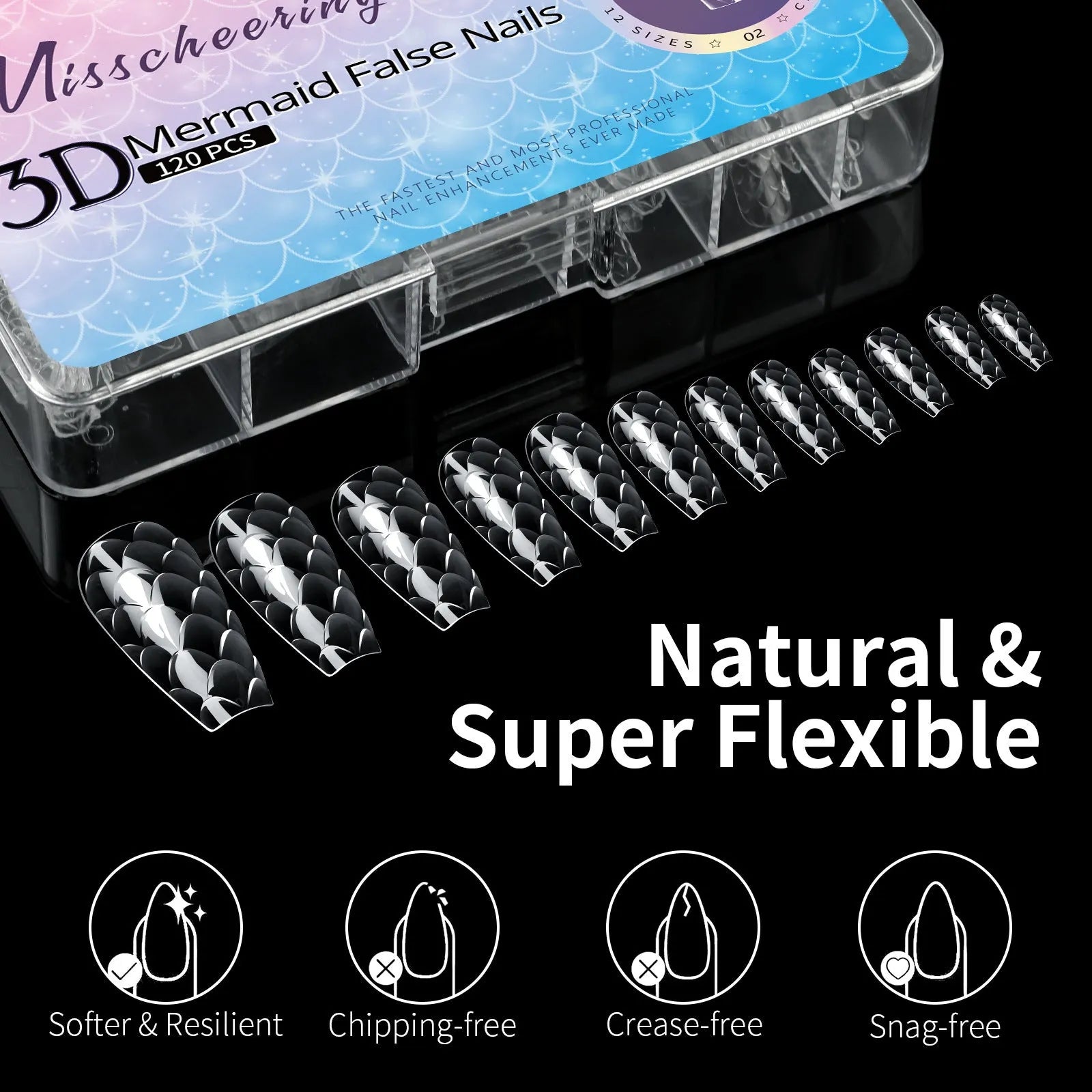 Box of 3D scale long shaping artificial nail tips for manicures.