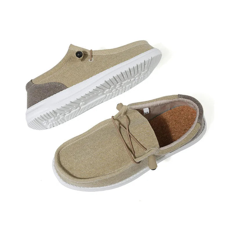 Men's green and orange canvas casual shoes with colour block mosaic design and round toe shape