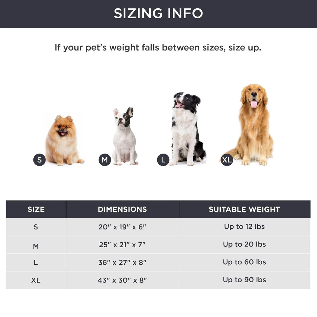 Beige removable cover pet bed for a medium-sized dog on a wooden floor.