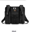 Oxford cloth leisure shoulder messenger bag in black showing dimensions and outdoor features