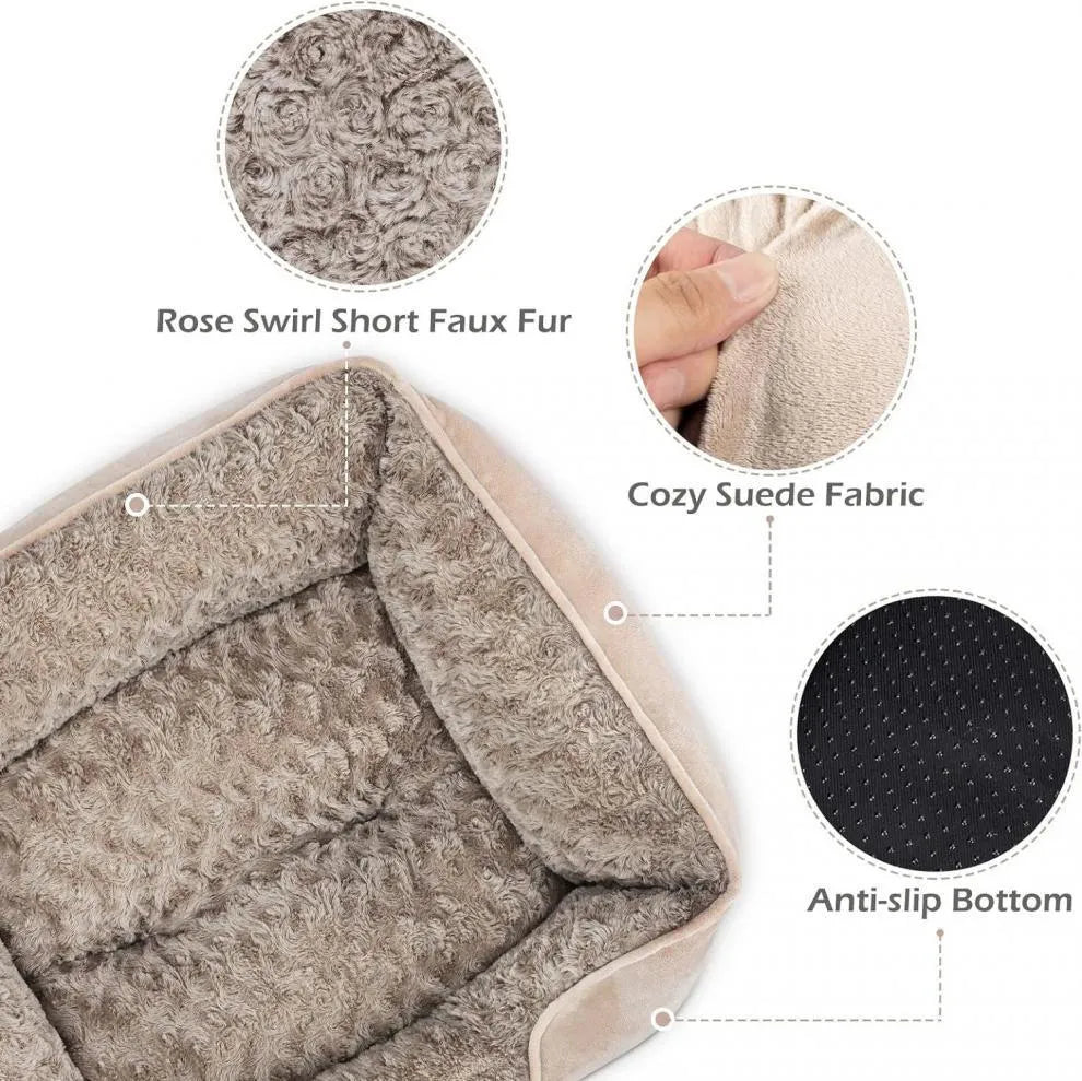Beige stuffed kennel-style dog bed for a large golden retriever, showing plush nest design.