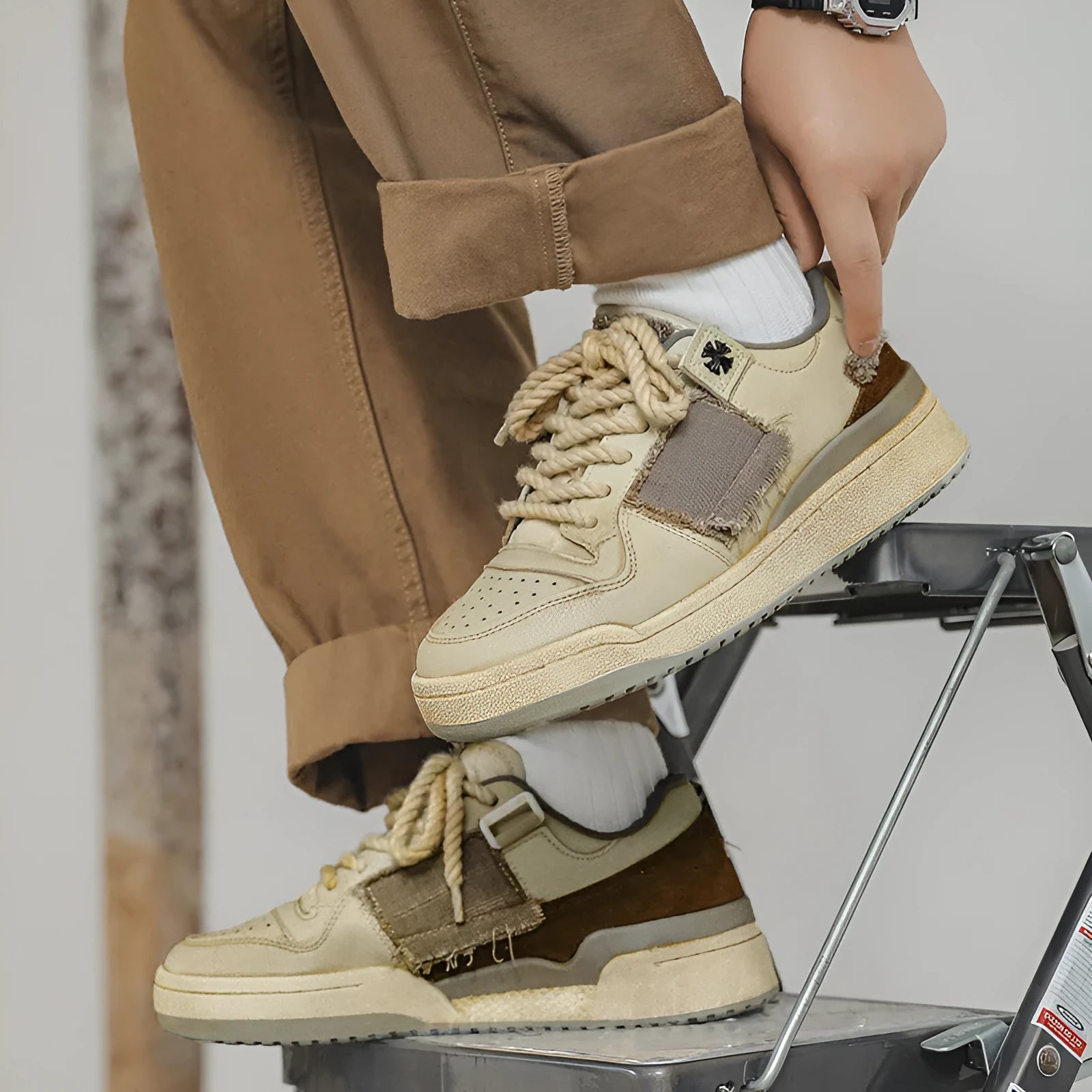 Beige low-top vintage skate shoes with round toe and front lace-up closure on a solid background.