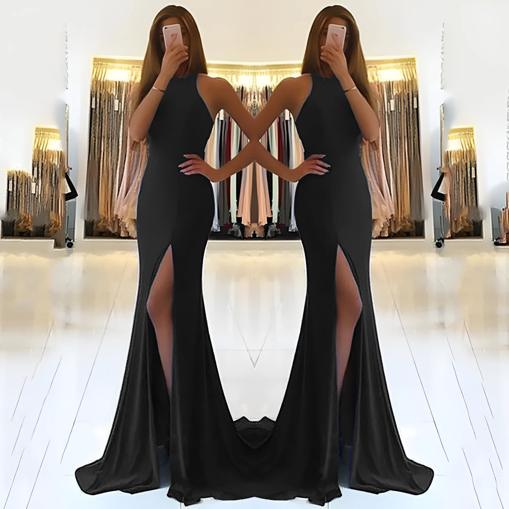 Red ladies long evening dress with hollow detailing, a high waist, and a large swing skirt