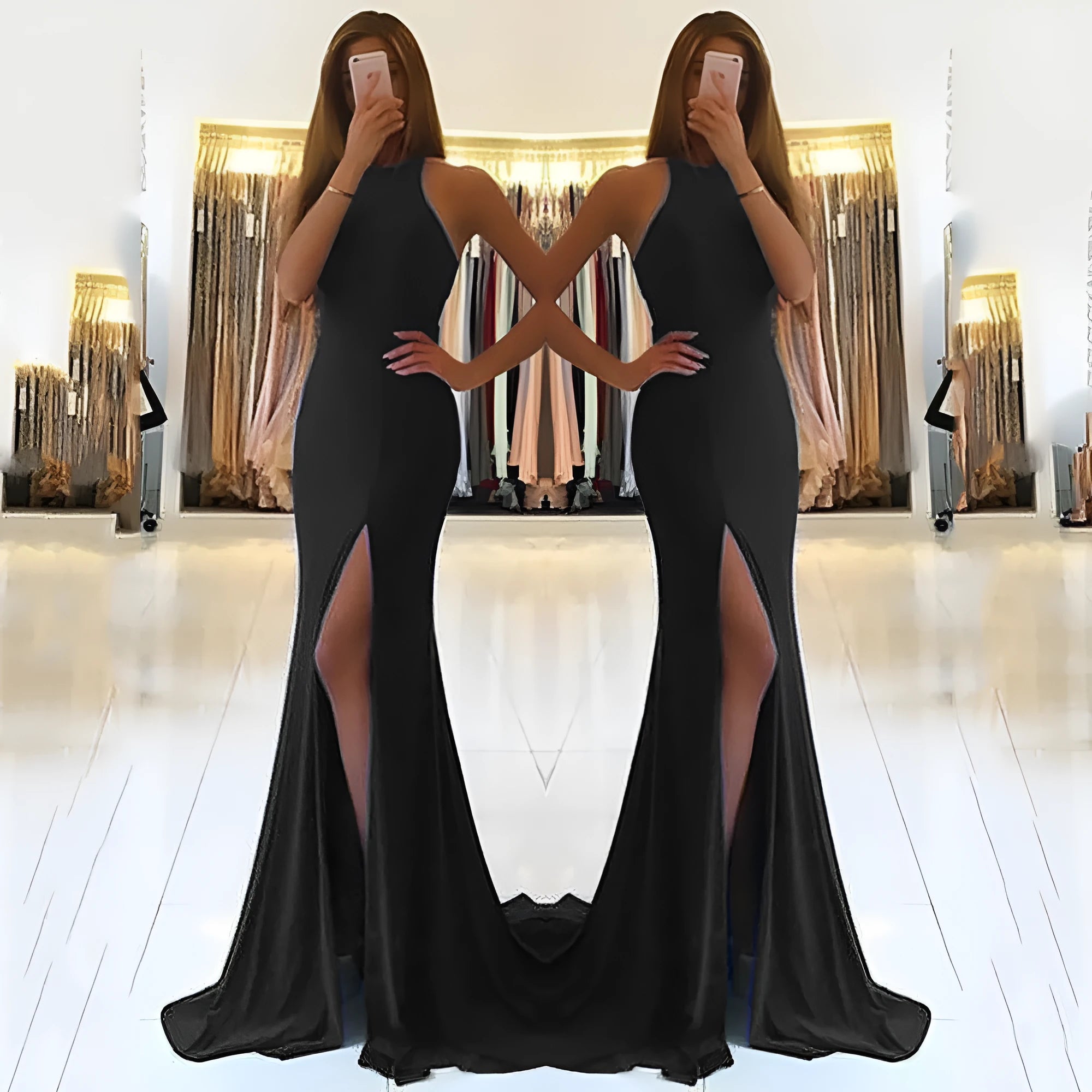 Red ladies long evening dress with hollow detailing, a high waist, and a large swing skirt