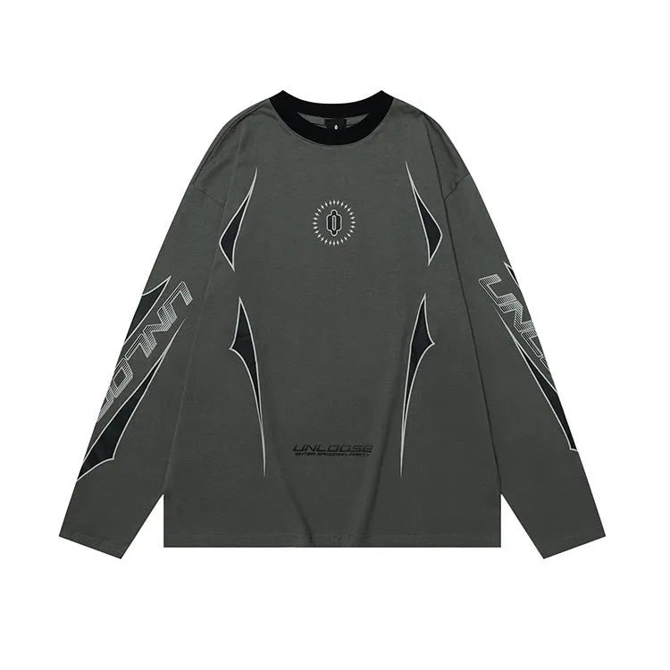 Man wearing a grey khaki loose-fit cotton pullover with a drop shoulder design and letter print.