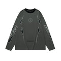 Man wearing a grey khaki loose-fit cotton pullover with a drop shoulder design and letter print.