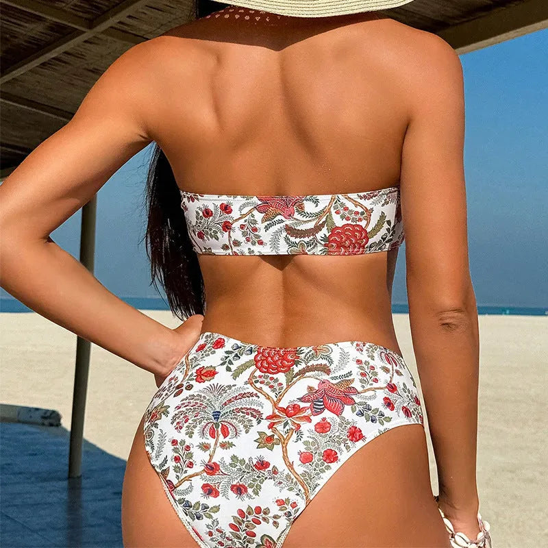Women's printed bandeau bikini top with triangle cups and matching swim shorts