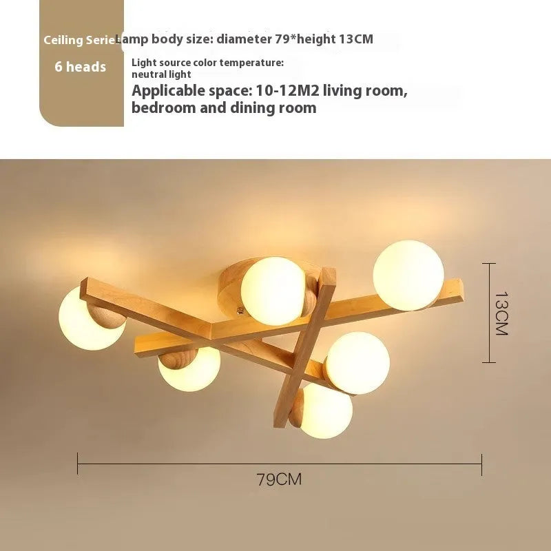 Modern wooden-style Nordic ceiling light fixture with three adjustable heads.