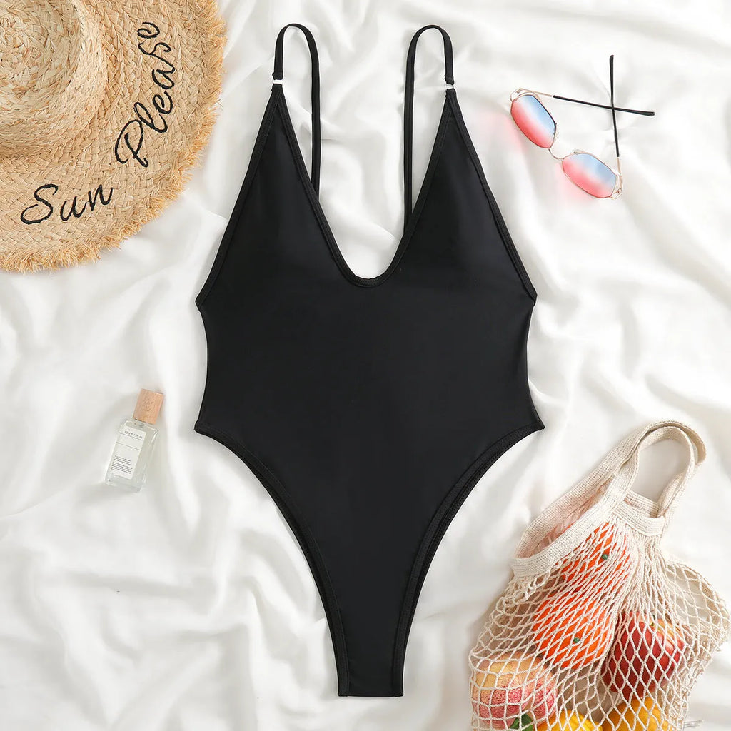 Women's fashion suspenders one-piece swimsuit in solid colour polyester, black, brown or light blue