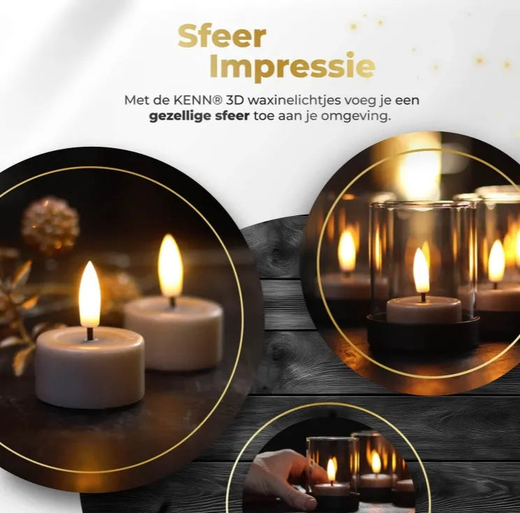 Taupe-coloured LED tealight candles with 3D flame effect, showing dimensions of 4.1cm diameter by 5cm height