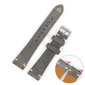 Genuine suede leather watch strap in brown, blue, gray, and army green colours showing 20mm and 22mm width options.
