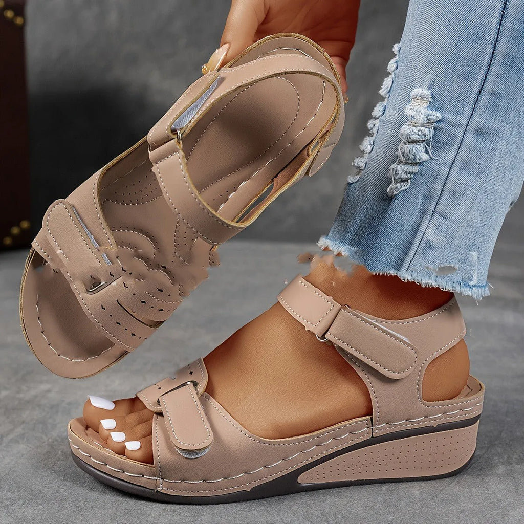 Beige plus size strap sandals with Velcro fastening and thick composite soles