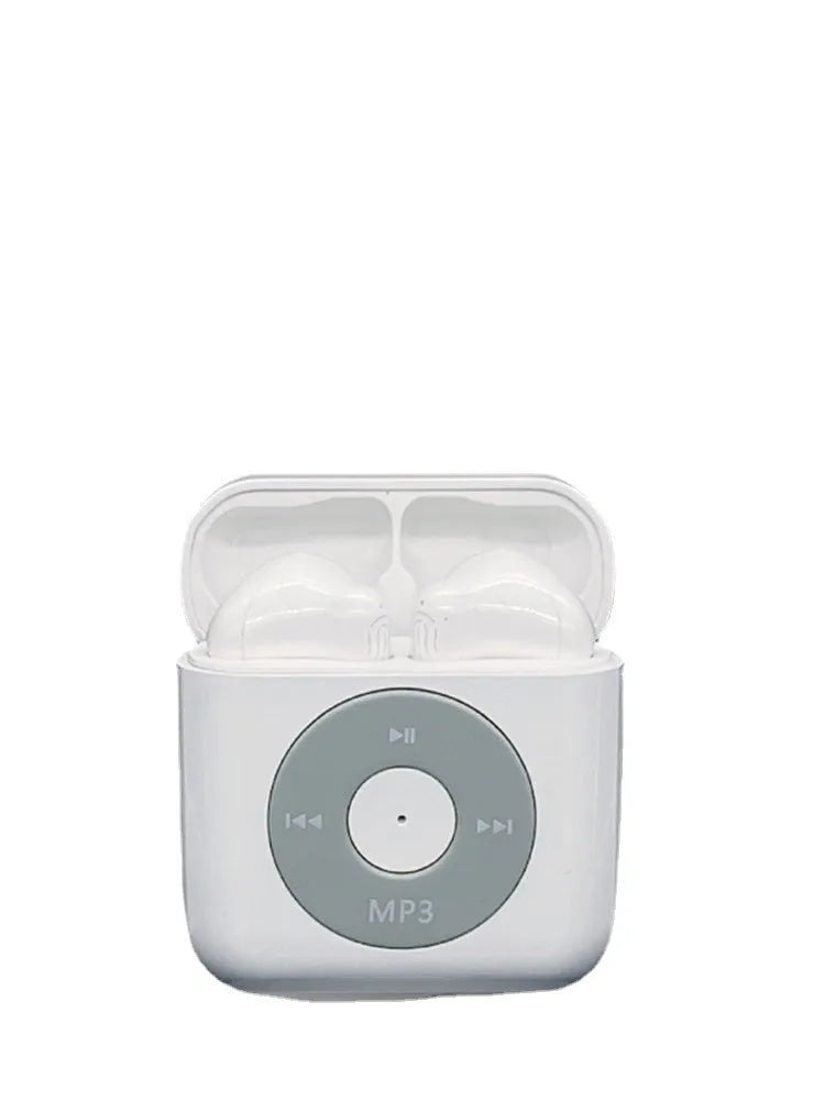 White wireless Bluetooth semi-in-ear earphones with a charging case on a white background.