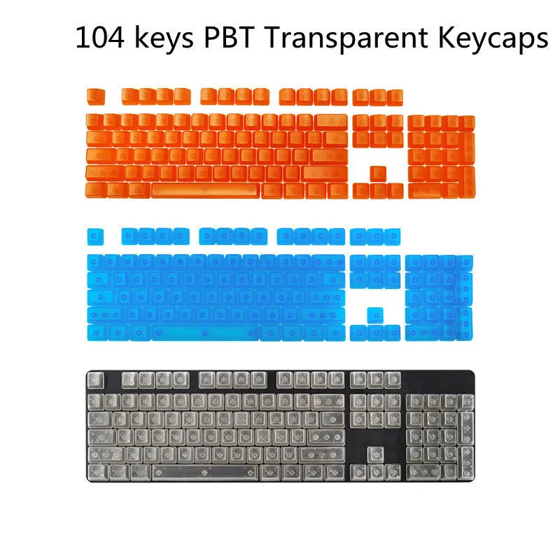 Set of 104 transparent PBT plastic keycaps for mechanical keyboards in various translucent colours