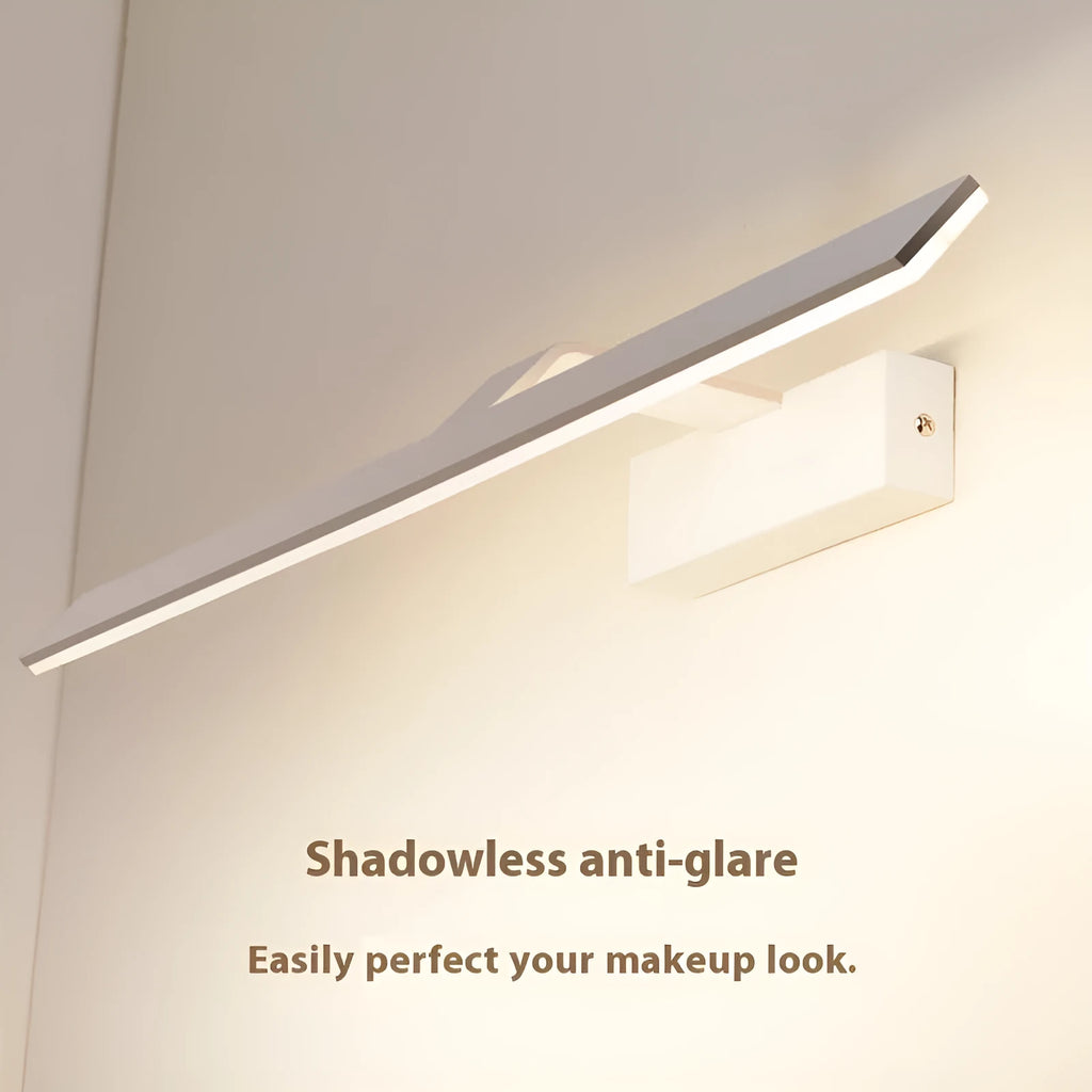 White wall-mounted LED mirror headlight with three-colour dimmable lighting above a bathroom mirror.