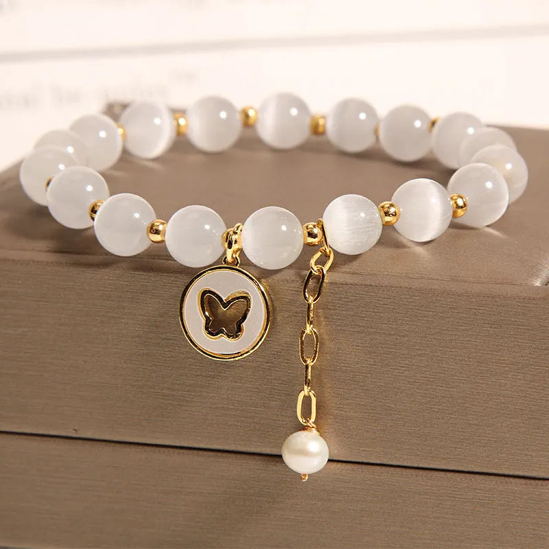 White crystal cat's eye bracelet with geometric Korean-style design for women