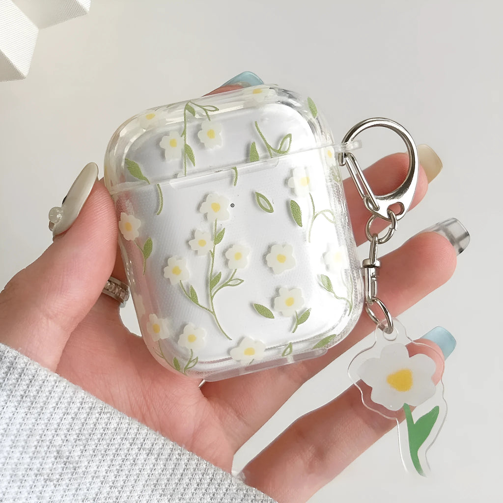 Transparent TPU Bluetooth headset protective cover with white floral design for Apple AirPods