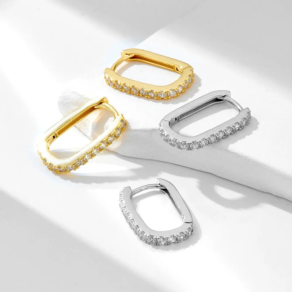 S925 sterling silver oval zircon ear clip earrings in geometric design with quadrilateral elements