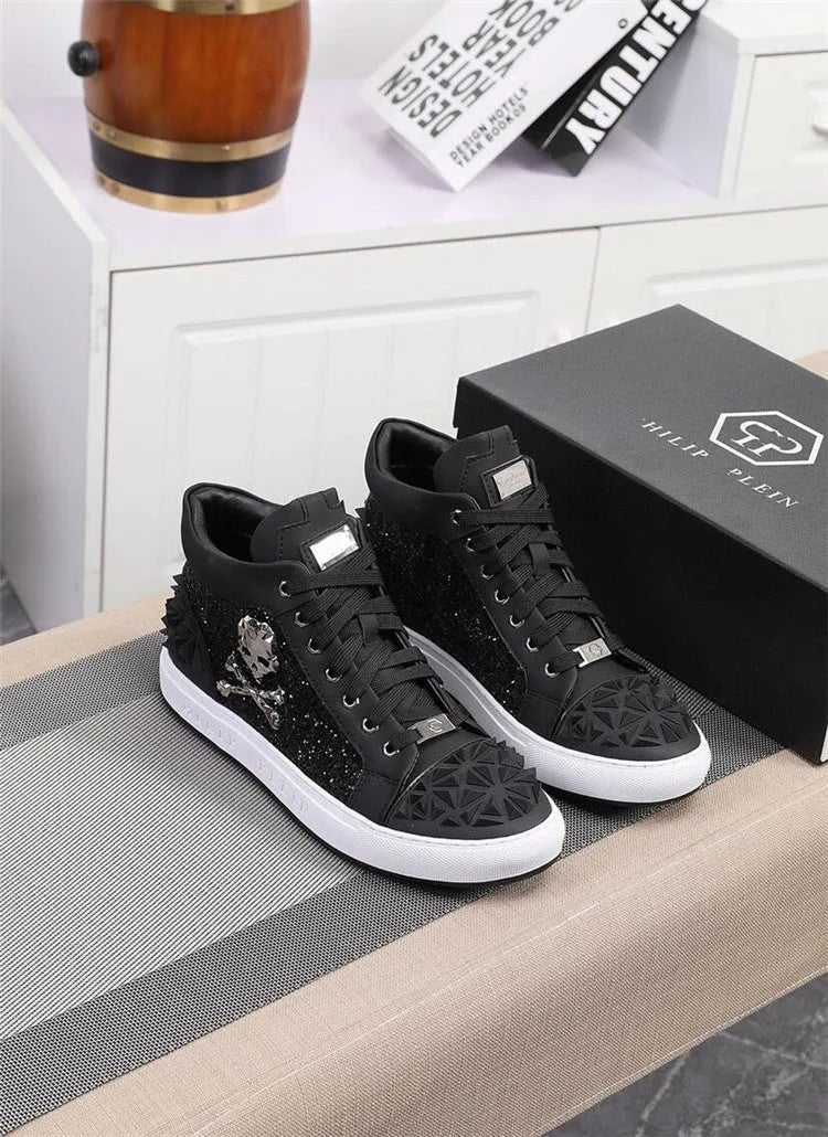 Men's black genuine leather high top skeleton shoes with a lace-up front and rubber sole.