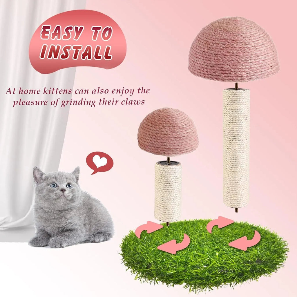 Pink mushroom-shaped cat scratching post with sisal caps for small cats