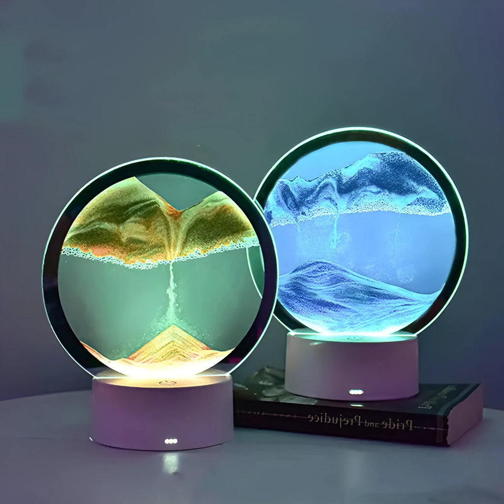 Creative 3D quicksand touch table lamp with USB cable and glass shade in blue light mode