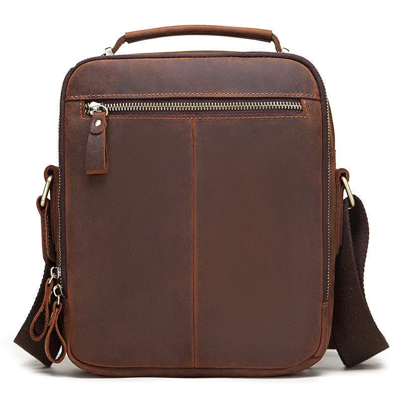 Men's brown Crazy Horse leather crossbody bag with single-shoulder design and visible sewing lines