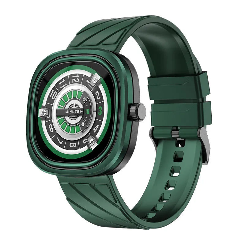 Black Bluetooth smartwatch with square TFT touchscreen on a silicone wristband.