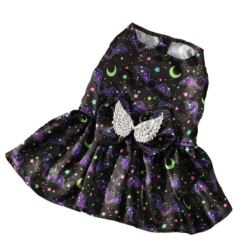 Halloween dog costume with angel wings in bright pumpkin or bat pattern for pet dress-up