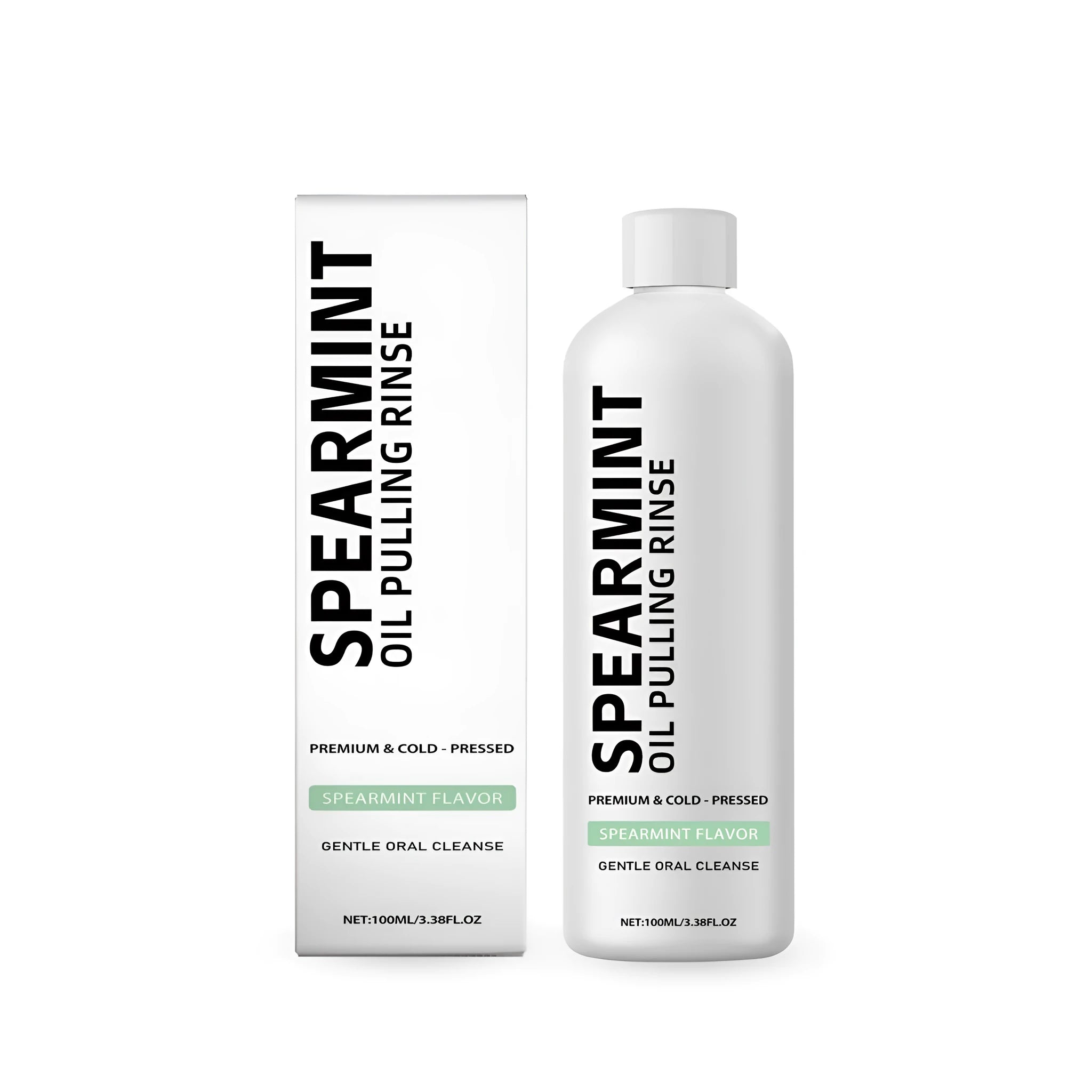 100ml bottle of spearmint oil pulling mouthwash rinse with natural extracts