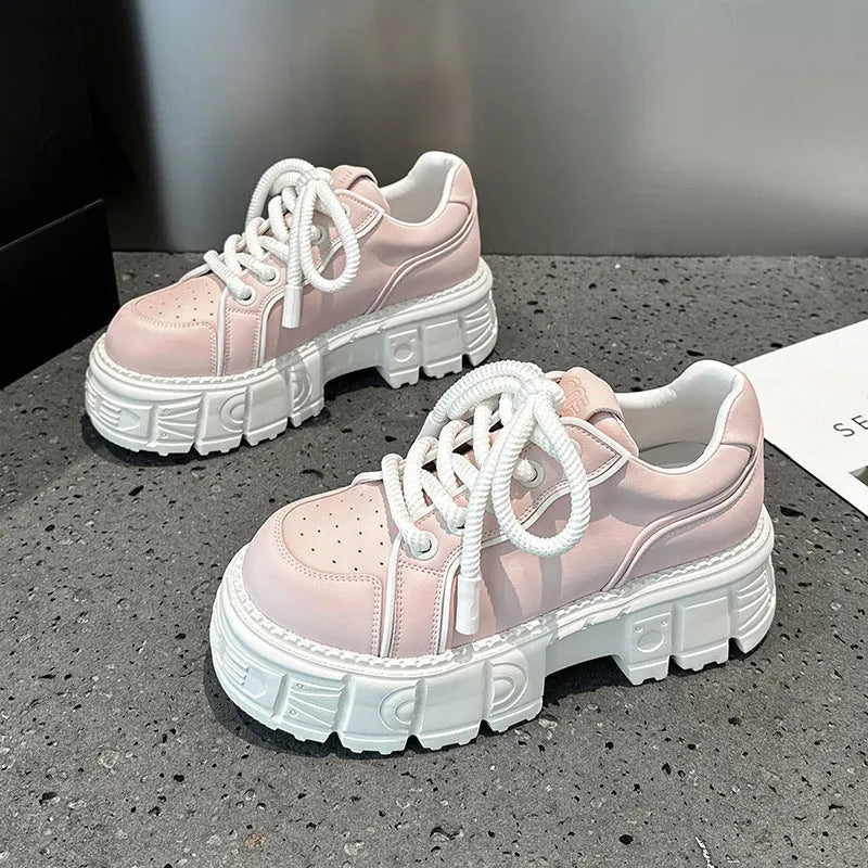 Spring muffin bottom casual leather shoes in beige and pink with height increasing sole