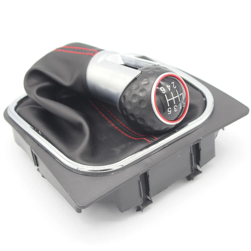 Manual leather gear lever handball with dust boot for Volkswagen Golf, showing 12mm installation hole.