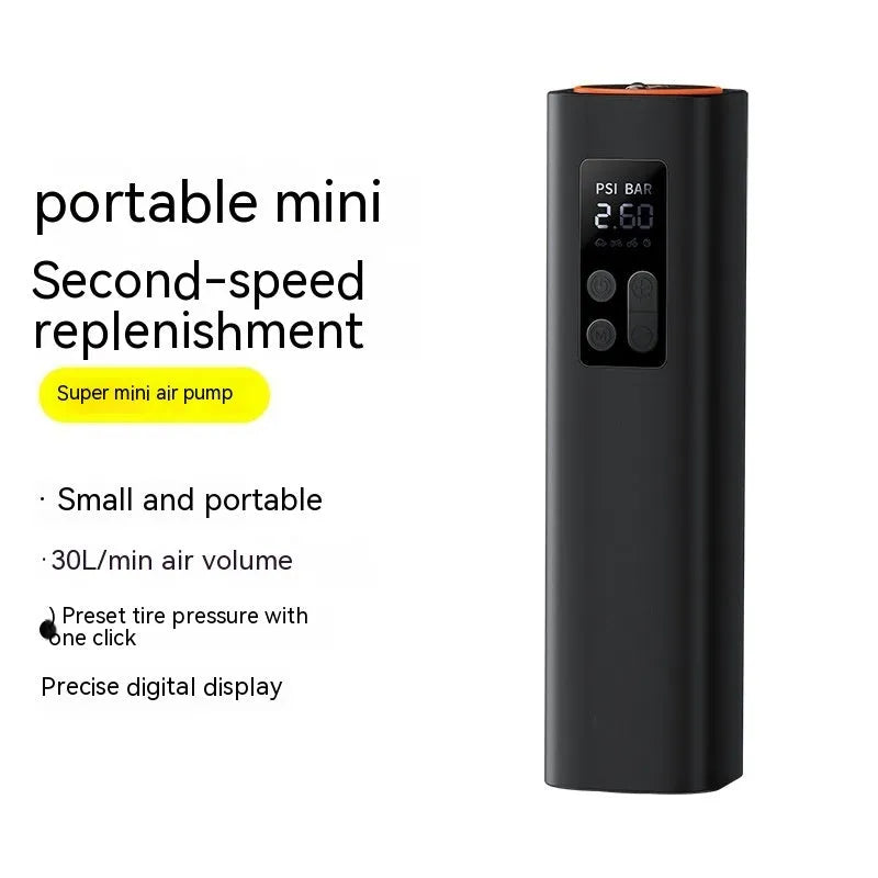 Black digital car tyre inflator with LCD display showing pressure readings