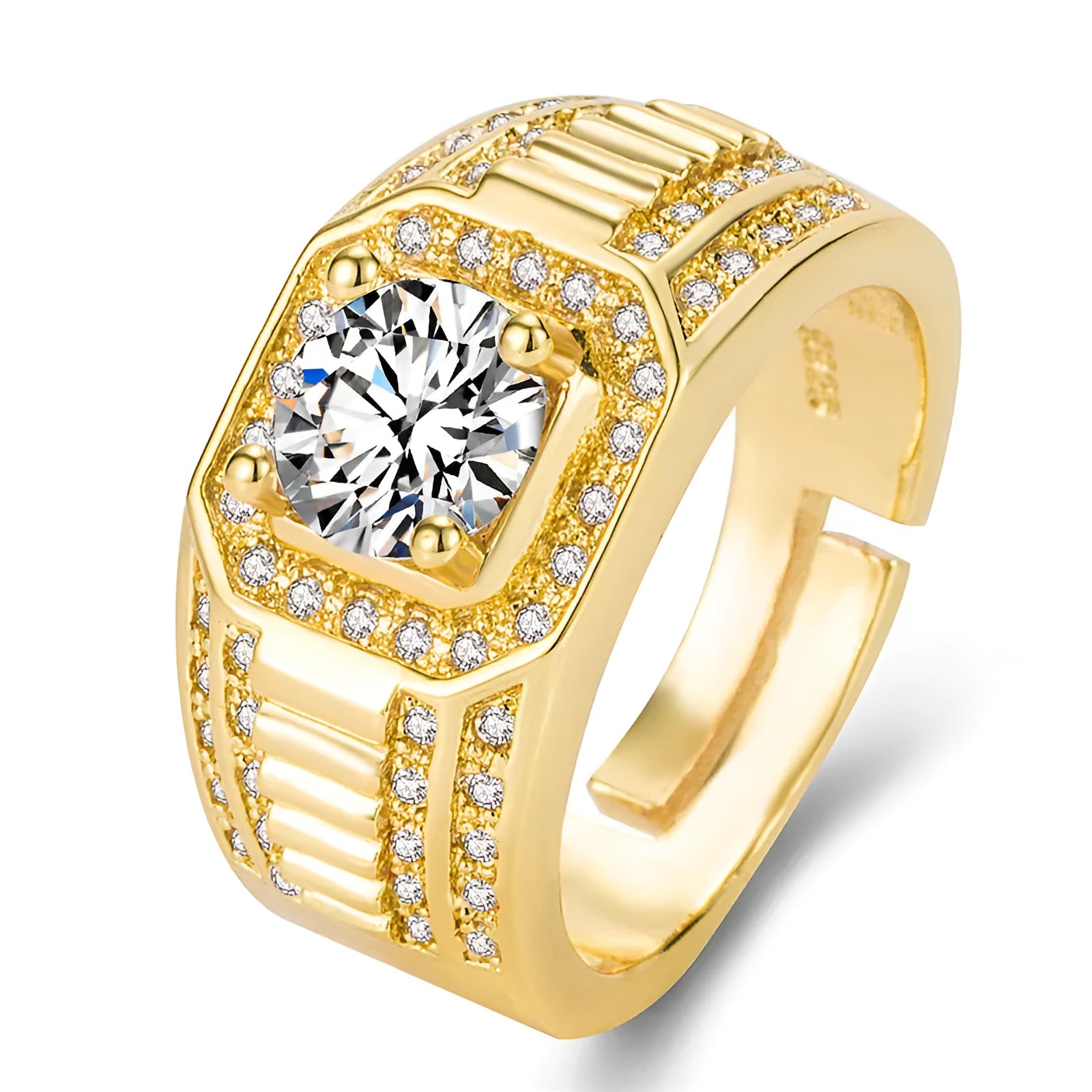 Men's adjustable copper ring with large square diamond motif in gold colour finish