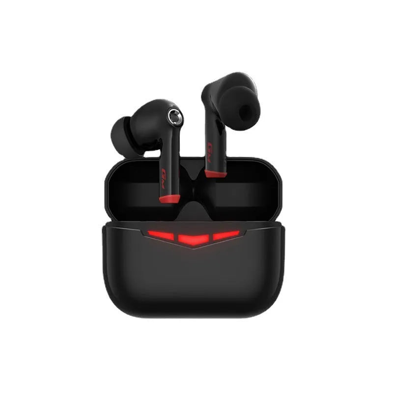 True wireless Bluetooth in-ear gaming headphones with charging case, shown in black colour.